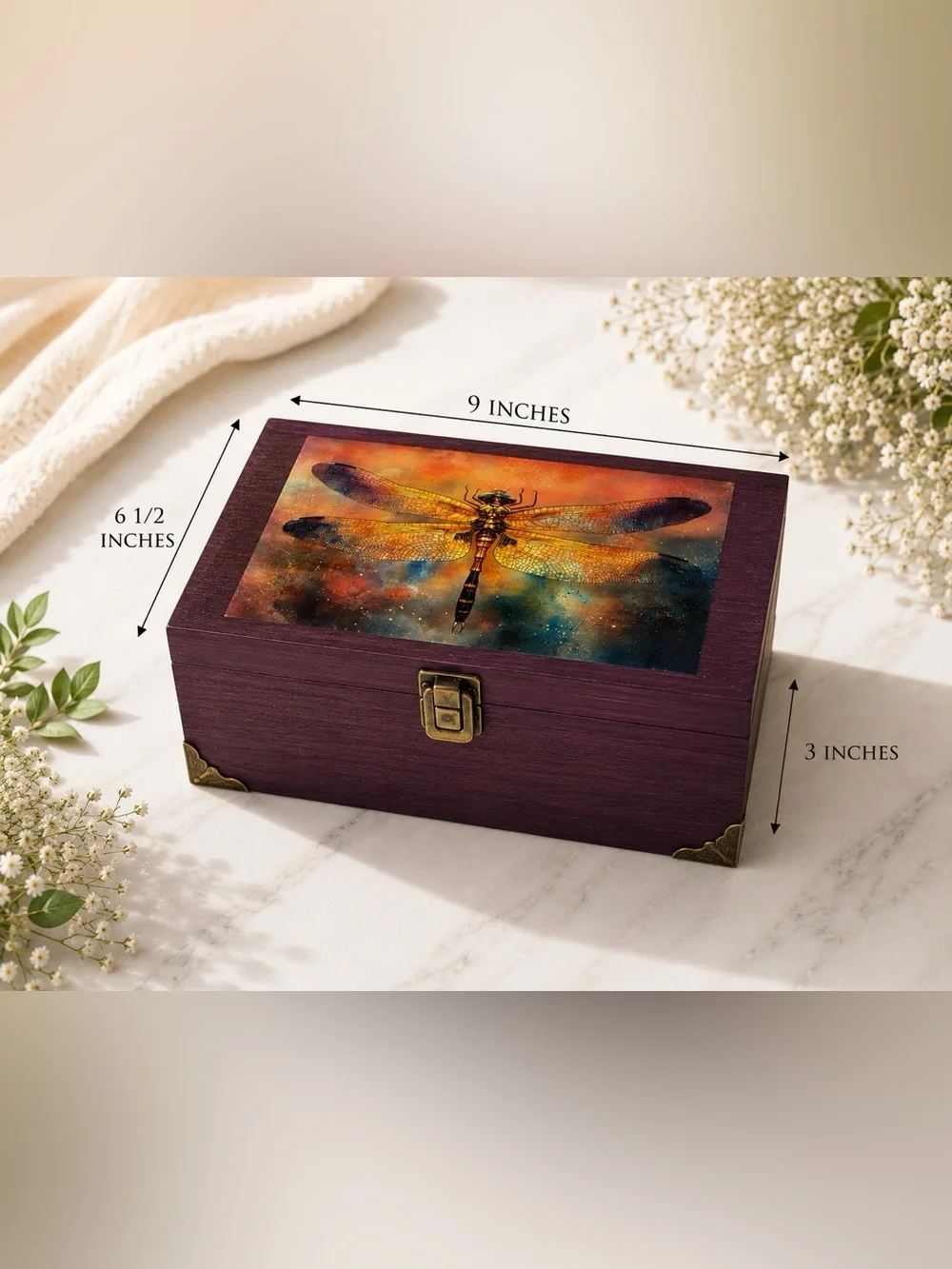 Dragonfly Keepsake Jewelry Box - Purple Wood with Orange Artwork